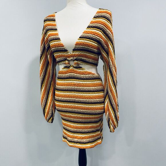 12TH TRIBE S Free Bird Mini Cut Out Dress Crochet Bodycon Stretch Hippie 70s - Picture 7 of 16